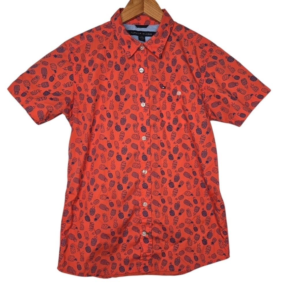 Tommy Hilfiger Boys Orange Blue Pineapples Short Sleeve Button Shirt Size Large